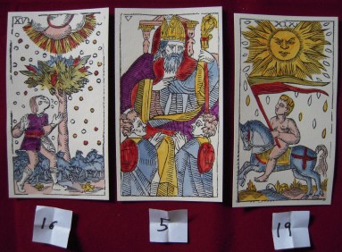 Three card layout: Tower, Pope, Sun