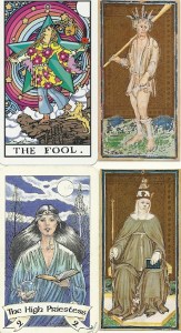 Matto and Papessa from Visconti Sforza deck. Fool from Trippin' Waite Tarot and High Priestess from Robin Wood tarot.